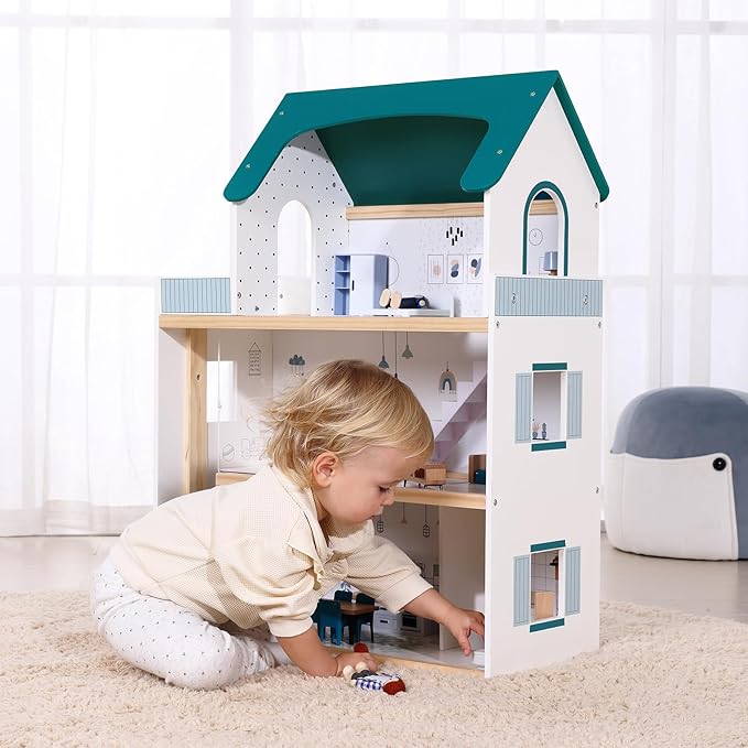 OOOK Wooden Dollhouse with Liftable Elevator - 2.6 Feet High Modern Doll House for Kids Toddlers - Including 21 Furniture Pieces, 4 Family Dolls, and 1 pet
