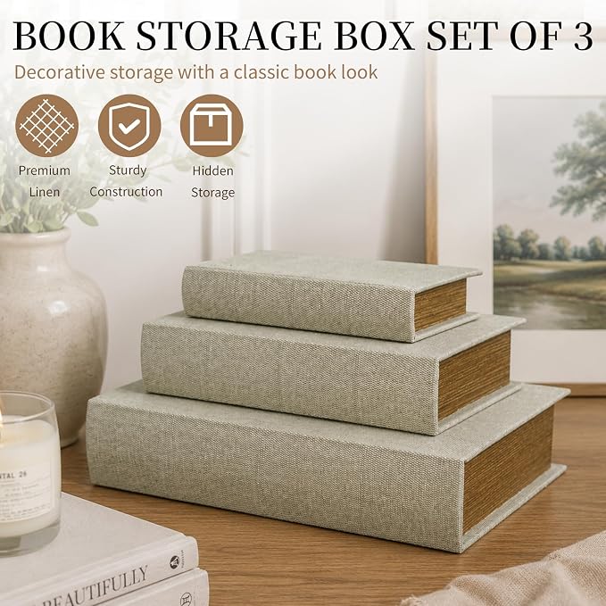 Decorative Book Boxes Set of 3,Modern Faux Linen Hidden Storage, Warm Taupe | For Coffee Table – Stackable Fake Books for Shelf Decor, Remote Control & Jewelry Organizer