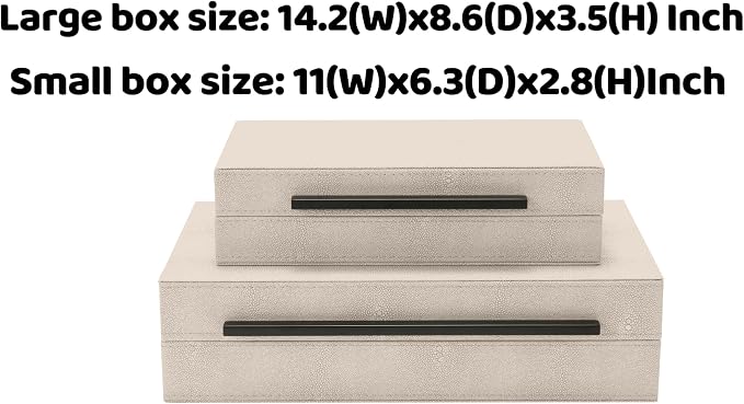 Sagala Set of 2 Ivory Shagreen Decorative Boxes With Black Metal Handles, Faux Leather Jewelry Boxes Modern Storage Boxes Photo Boxes Memory Boxes Home Organizer Box(Ivory)