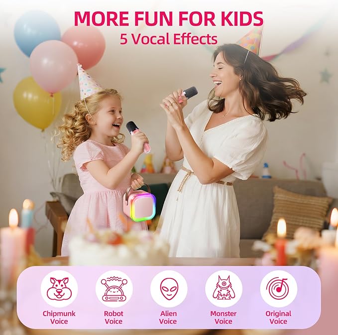 Kinglucky Mini Karaoke Machine for Kids, Top Birthday Gift Pick for Girls Ages 3, 4, 5, 6, 7, 8, 9, 10, 11, 12 Years Old, Kids' Personal Video Players Accessories with 2 Mics & Fun Voice Effects, Pink