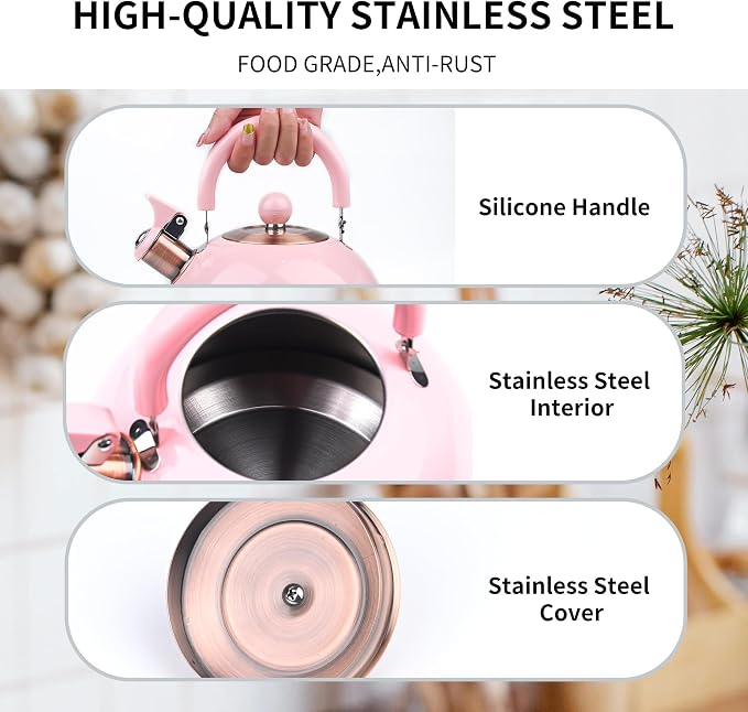 2.6 Quart Pink Whistling Tea Kettle for Stovetop, Stainless Steel Teapot with Cool-Touch Handle, Loud Whistle, Wide Base, Induction Compatible for Gas Electric Glass Cooktops