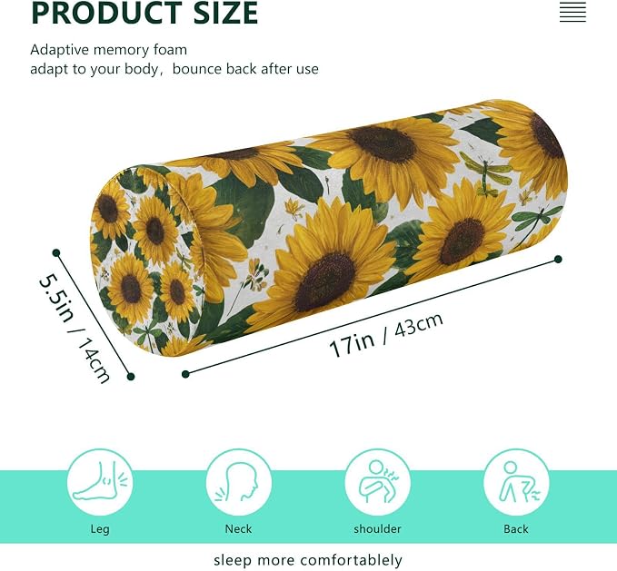 Sunflowers and Green Dragonflies Neck Roll Pillow Bolster Round Health Memory Foam Long Cervical Cylinder Pillows with Removable Washable Cover for Body Bed Legs Back Yoga