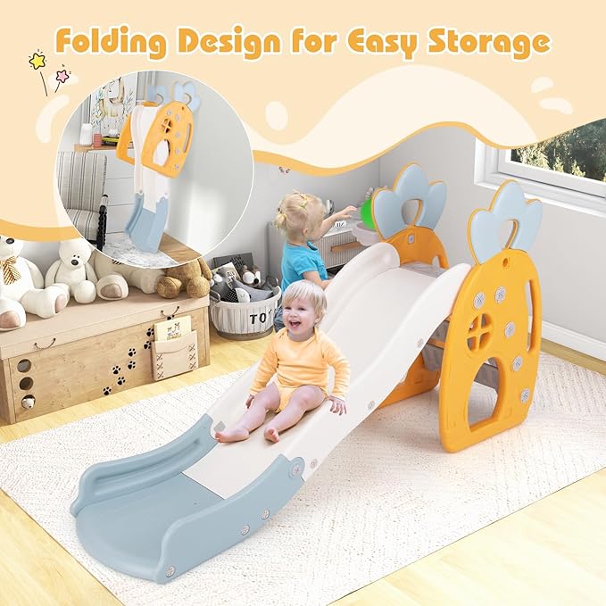 BABY JOY Toddler Slide, 3 in 1 Freestanding Foldable Kids Slide with Climber, Basketball Hoop & Ball, Buffer Zone & Safety Handrails, Indoor Pineapple Theme Play Slide for Kids, Boys & Girls