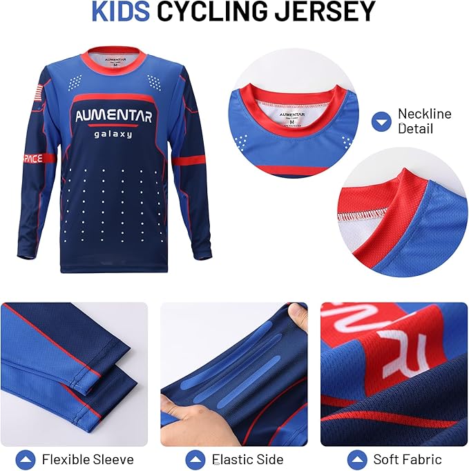 Kids Cycling Jersey Long Sleeve Dirt Bike Motocross Shirt, BMX Off-Road Racing Clothing