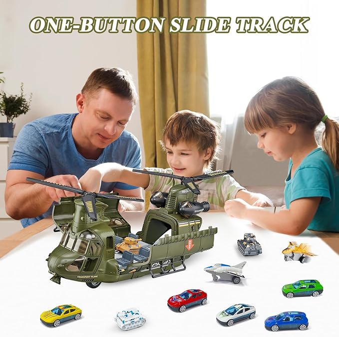 Military Helicopter Toys Set with Light - Friction Powered Transport Helicopter Toy with Army Tanks, Airplanes, Mini Cars - Army Toys Military Playset Christmas Birthday Party Gifts for Kids