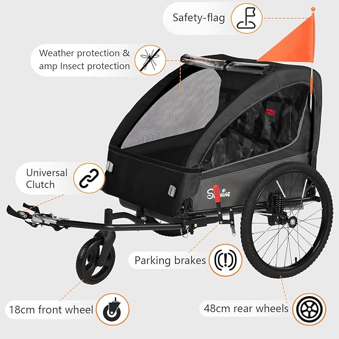 Sepnine 2-in-1 Kids Bike Trailer and Stroller with Suspension – Bike Trailer for 1 to 2 Children, Jogging Function, Foldable, 5-Point Harness, Spacious Storage, with Bug Screen and Weather Shield