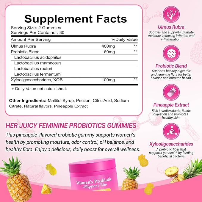 Her Juicy Feminine Probiotics Gummies | Womens Probiotic Slippery Elm, Probiotics for Women | Healthy Odor, pH Balance, Vaginal Health & Flora Support - 60 Pineapple Gummies