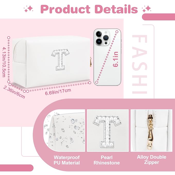 Bride Gifts – Personalized Initial Makeup Bag with Pearl Rhinestone Patch, Preppy White Monogram Cosmetic/Toiletry Pouch, bridesmaid Gifts, Bridal Shower Gifts, Wedding Gifts, Bridal Gifts,T