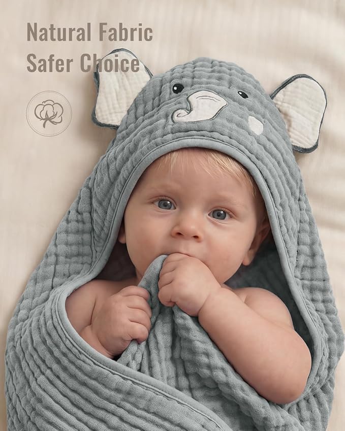 Blissful Diary Muslin Baby Hooded Towel 2 Pack, Soft & Absorbent Bath Towel for Infant, Toddler, Unisex, Baby Gift, Newborn Essentials, Smart Bear & Wise Elephant