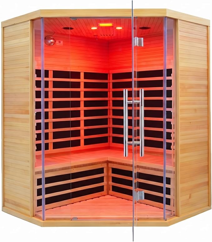Corner Home Sauna for 3-4 Person | Low EMF Far Infrared Sauna Room with Bluetooth & Chromotherapy | Canadian Hemlock Wood, Space-Saving for Gym/Bedroom (220V, 2880W)