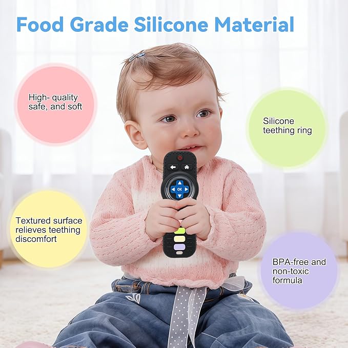 Baby Teether Toy Chew Toys for Babies, Silicone TV Remote Control Shape with Rattle Teething Relief for Infants, Sensory Teething Toys for Baby