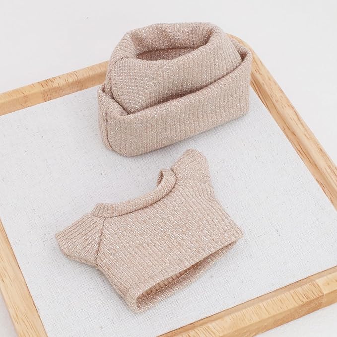 Etistta 17cm Doll Clothes with Hat, Glitter Knit Cap Top Doll Clothes for 17cm Doll Accessories Outfits (Khaki)