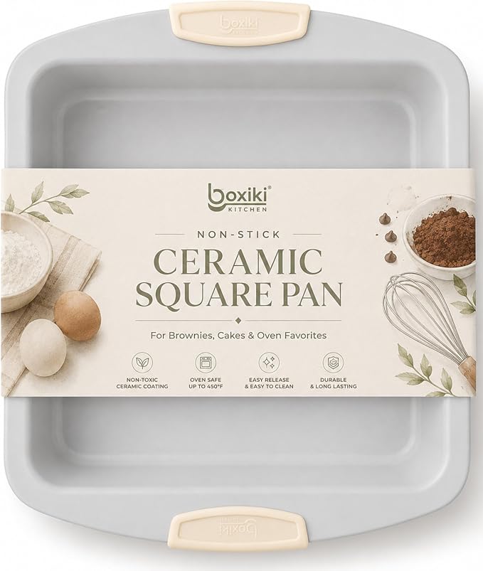 Boxiki Kitchen Ceramic Square Cake Pan, 12x10x2 Inch Aluminized Steel Baking Pan, KFCC Korean Ceramic Coated Nonstick Bakeware, Heavy Duty Oven Safe to 550°F, Easy Release & Clean Baking Pan