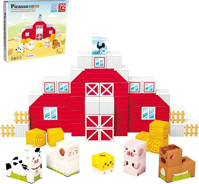 PicassoTiles Magnet Cube Farm House Theme Mix and Match Building Block Construction Toy Barn with 5 Magnetic Cubed Character Action Figure STEM Learning Education Sensory Pretend Play Kid Age 3+ PMC03