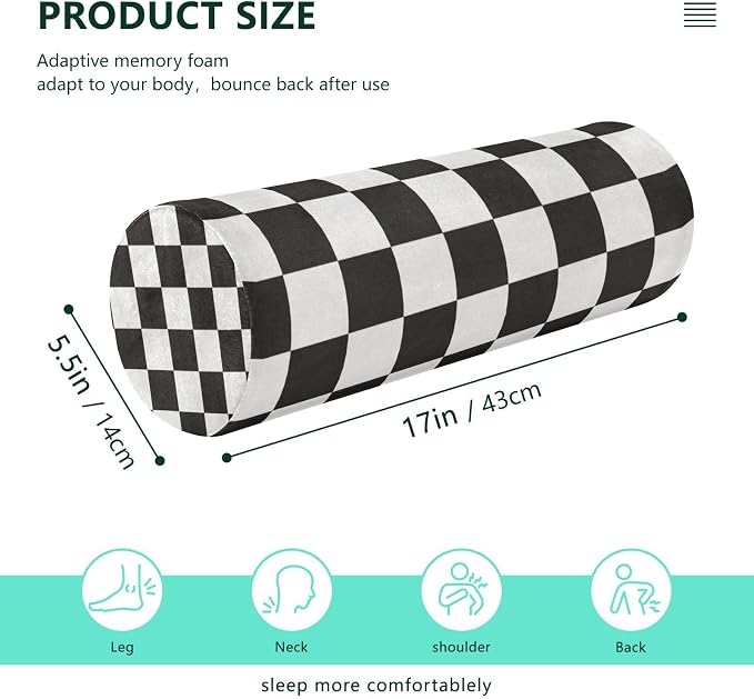 Checkered Black Neck Roll Pillow Bolster Round Health Memory Foam Long Cervical Cylinder Pillows with Removable Washable Cover for Body Bed Legs Back Yoga