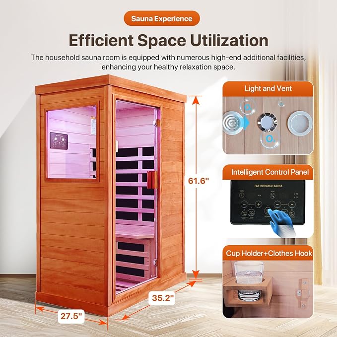OUTEXER Far Infrared Sauna Home Sauna Spa Room Low-EMF Wood 1200W Indoor Saunas with 7 Color Light Tempered Glass Door, Room:35.2 * 27.6 * 61.6Inch