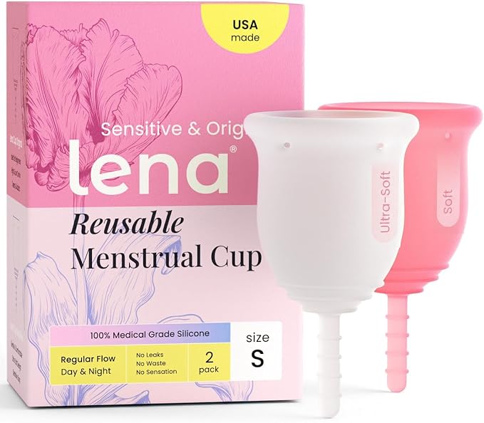 Lena Sensitive Menstrual Cups 2-Pack Ultra-Soft Set (Small & Large) Medical-Grade Silicone Period Cup for Women Heavy Flow, Reusable and Comfortable 12-Hour Leak-Free Protection (Original & Sensitive)