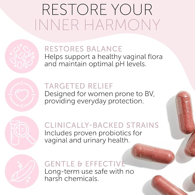 Bacterial Vaginosis Symptoms Relief for Women | Natural Homeopathic Supplement for Odor, Itching, Discharge, BV, and Vaginal Microbiota Imbalance | 60 Capsules for pH Balance and Daily Support