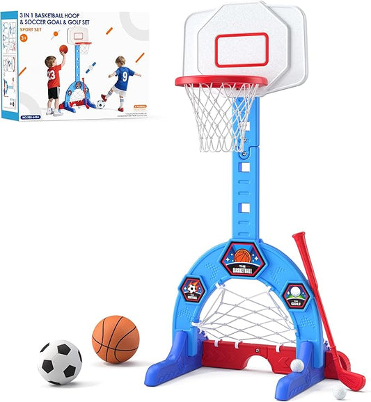HYES Toddler Basketball Hoop, 3-in-1 Sports Activity Center with Soccer Goal, Golf Game, 5 Height Adjustable Kids Basketball Hoop, Indoor Outdoor Playset Toys Gifts for Boys Girls 3-5, Blue