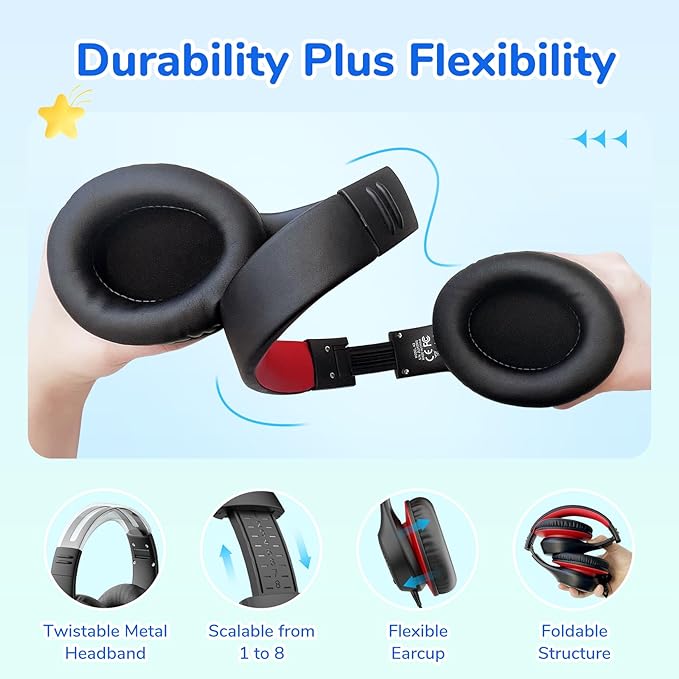 EarFun K3 Kids Headphones, USB Type C Over Ear Headphones with Microphones, 85/94dB Volume Limit, HD Stereo Sound with LED Light, Foldable Wired Headphones for School/Boys/Girls/Tablet, Black