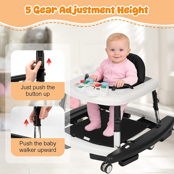 5-in-1 Baby Walker for Boys and Girls Music and Lights 6-18 Month, Foldable Baby Walkers with 5 Adjustable Heights, Infant Toddler Walker with Wheels and Combo Portable(Black)