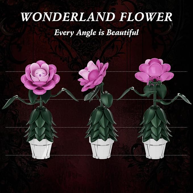Wonderland Flower Building Sets, Compatible with Lego Flowers for Adults, Girls, Women and Fans - Pink Rose Flower Gifts for Birthday, Party and Festivals (220 PCS)