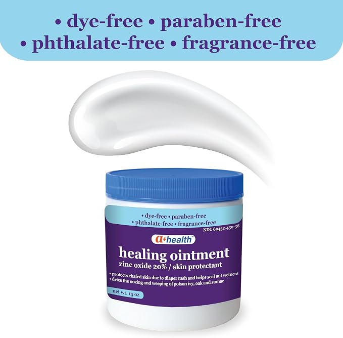 A+Health Healing Ointment Zinc Oxide 20%, Skin Protectant Barrier, 15 Oz Jar, Provides Relief and Treatment of Diaper Rash, Chafed Skin, Poison Ivy, Oak, Sumac for Adults and Babies, Fragrance Free