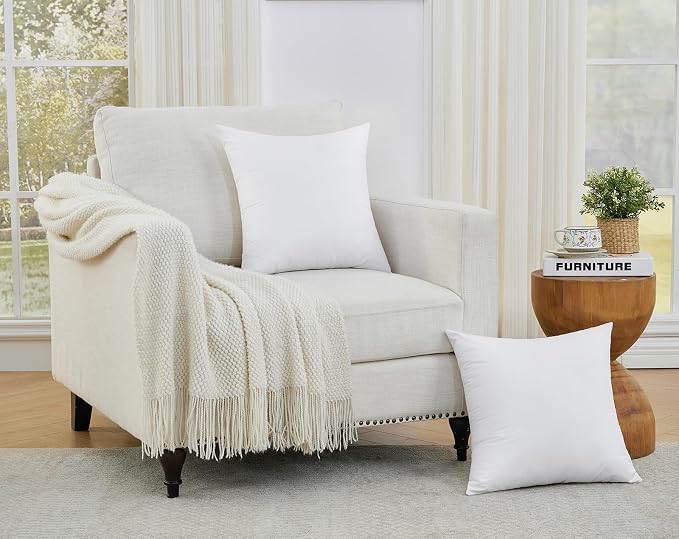 Longhui bedding White Throw Pillow Inserts 18x18 Set of 2, 100% Cotton Cover with Polyester Fill, 2-in-1 Use as Stuffers or Standalone Decor for Couch, Bed, Living Room, Outdoor