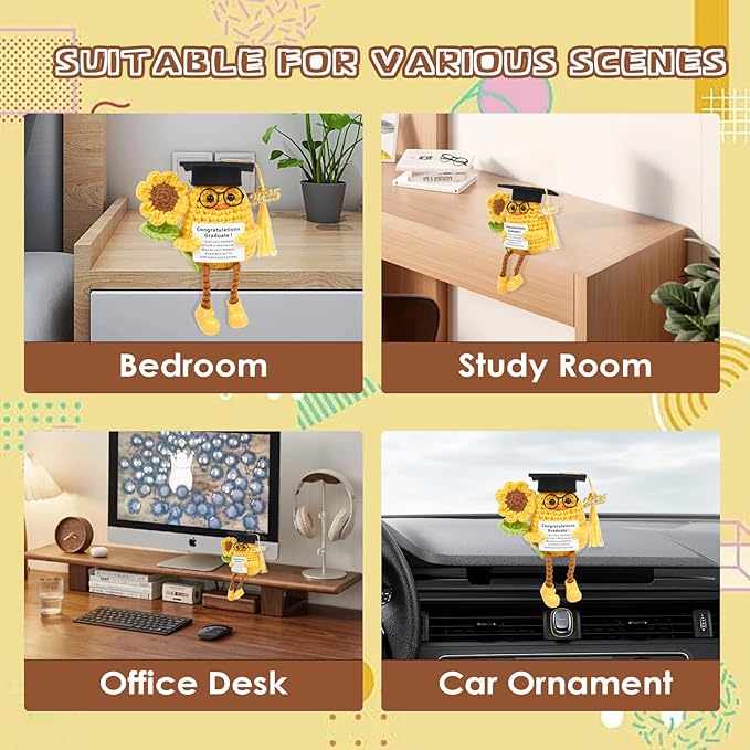 Positive Crochet Animals Graduation Duck and Crochet Sunflower, Emotional Support Crochet,Funny Mini Cute Handmade Emotional Support Plush Gifts for Women Men Xmas Holiday Home