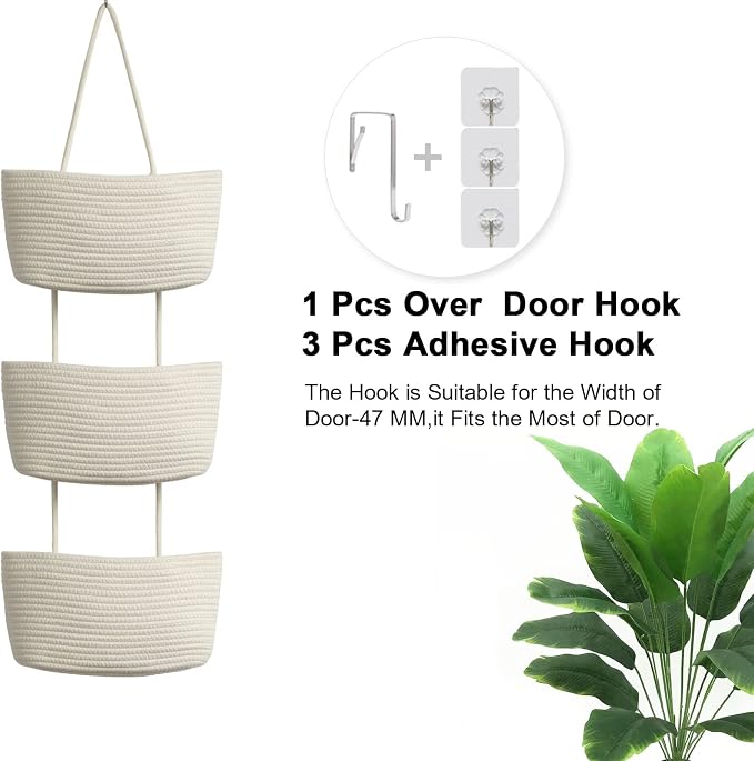 TeoKJ Over the Door Hanging Basket, 3-Tier Woven Cotton Wall-Mounted Storage Organizer Bag Decorative Hanging Nursery Baskets, White