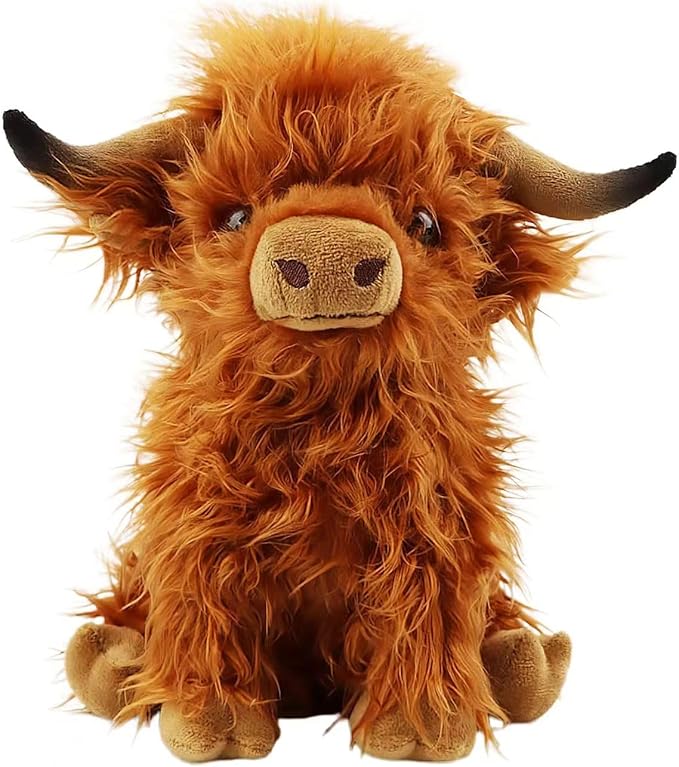 Stuffed Animals Highland Cows Cute Stuff Fluffy Cattle Dolls Skeleton Toys Figure Pillows Birthday Presents for Baby Kids Girls Boys Toddler Preschool Realistic Plush Décor (11 inches,Brown)