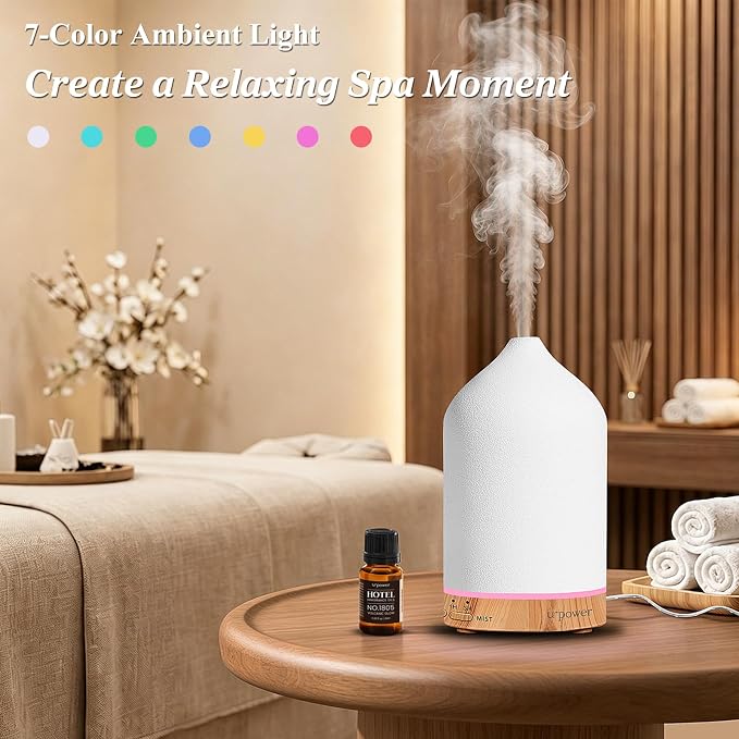 URPOWER 180ML Ceramic Essential Oil Diffuser, Ultrasonic Aromatherapy Diffuser with 7-Color Lights, Auto Shut-Off, Quiet Oil Diffuser for Bedroom, Home Office