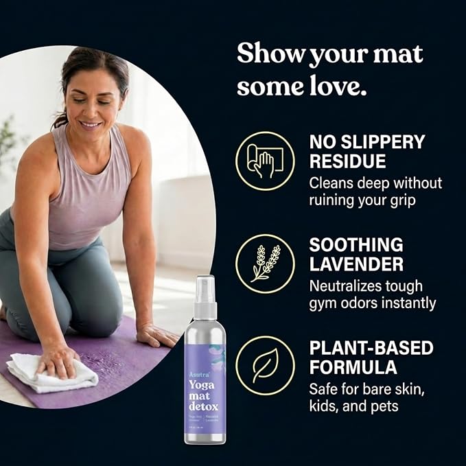 ASUTRA Yoga Mat Cleaner Spray (Peaceful Lavender - Aluminum Bottle), 4 fl oz - No Slippery Residue, Organic Essential Oils, Deep-Cleansing for Fitness Gear & Gym Equipment, Microfiber Towel Included