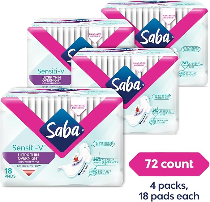 Saba Sensiti-V Ultra Thin Overnight Sanitary Napkin Pads with Wings, 4-Pack of 18 Pads (72 Count)