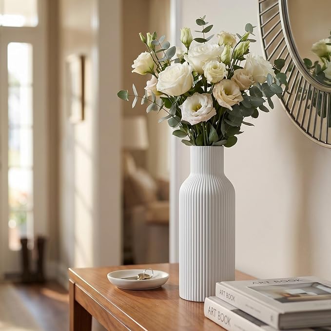 Large White Tall Ceramic Vase,Modern Matte Vertical Ribbed, Nordic Minimalist for Pampas, Dried & Fresh Flowers,Home Decor for Living Room, Coffee Table, Bookshelf, Entryway, Farmhouse