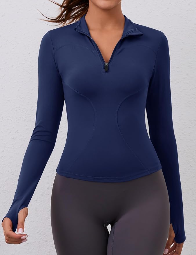 LOMON Womens Long Sleeve Workout Tops Quick Dry Quarter Zip Pullover Crop Yoga Athletic Slim Fit Shirts