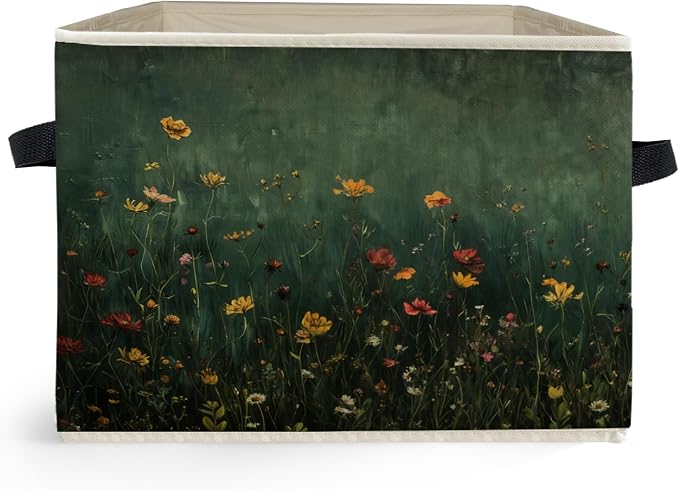 Dark Green Wildflower Storage Box Bins, Dark Cottagecore Floral Botanical Collapsible Storage Basket Organizer for Bedroom Laundry Room Home Clothes Books, Decor for Room