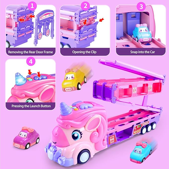 ZSHKG Girls Cars for 1 2 3 4 5 Year Old,Kids 7-in-1 Pink Unicorn Foldable Transport Carrier Trucks with Lights and Music W/ 6 Princess Cars Birthday Presents for 1-3 3-5 Yrs Old Girls Toddlers Babys