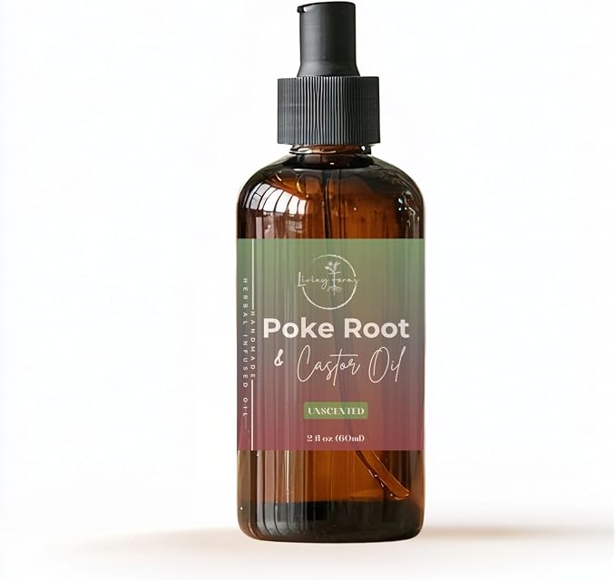 Organic Poke Root Castor Oil | Mess Free Glass Pump | Lymphatic Support | Cysts, Boils, Fibroids, Swollen Lymph Nodes, Breast & Joint | Small Batch USA Made (4oz, Unscented)