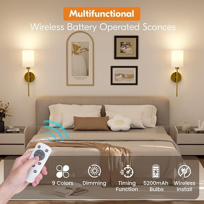 20.67 inch Battery Operated Wall Sconce Set of 2, Gold Rechargeable Wall Lights with 10400mAh Dimmable Bulbs and Remote, 9 Colors Wireless Wall Lamps for Bedroom Living Room Hallway