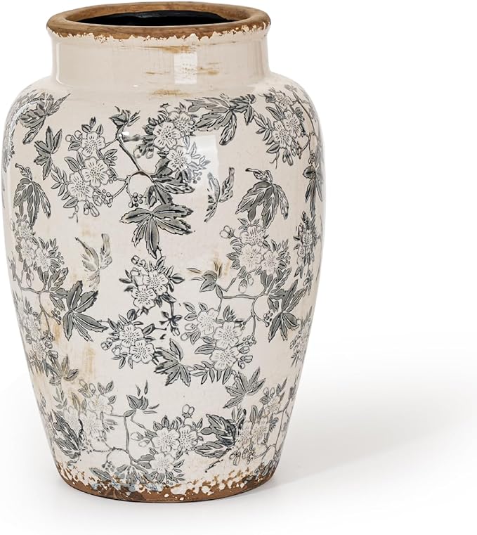 Sungmor Ceramic Flower Vase, Vintage Grey Ice Cracked Glaze Porcelain Vase | Pretty Home Decor Vase for Flower Arrangement, Fresh Flowers, 10.2 Inch Tall Chinoiserie Pottery Vase, Green Floral Pattern