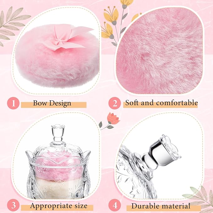 Tioncy 3 Pcs Large Body Powder Puff and Container Valentine's Day gift Powder Container with Puff Crystal Case Soft Washable Reusable Velour Face Body Glitter Wet Dry Makeup(Floral Embossed,Clear)