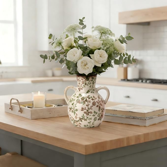 SIDUCAL Ceramic Green and Beige Retro Vase with Handles, 7 Inch Ice Cracked Vintage Pastoral Vase, Rustic Farmhouse Vases for Home Decor, Table, Living Room, Shelf Decor, Chinoiserie Decor