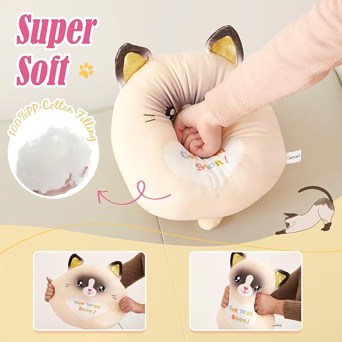 13.5" Get Well Soon Cat Plush Pillow Soft Cute Ragdoll Cat Stuffed Animal Get Well Soon Kitten Gift for Women Girls Kids Patient Feel Better Plush Toy