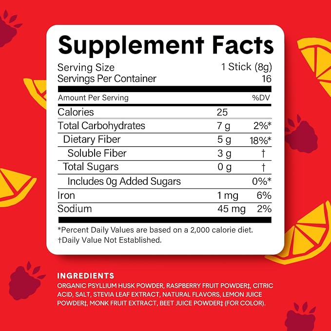 Bellway Super Fiber Packets + Fruit, Sugar Free Organic Psyllium Husk Powder Fiber Supplement to Go for Regularity, Bloating Relief & Digestive Health, Plant-Based, Raspberry Lemon (20 Packets)