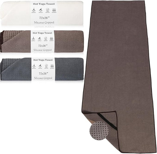 Hahafelt 3 Pack Hot Yoga Mat Towel Non Slip Microfiber Pilates Towel with Grip Dots & Elastic Straps, 72" x 26" Absorbent Sweat Anti-Slip Hot Yoga Gym Mat for Fitness Workout(Beige Dark Gray Coffee)