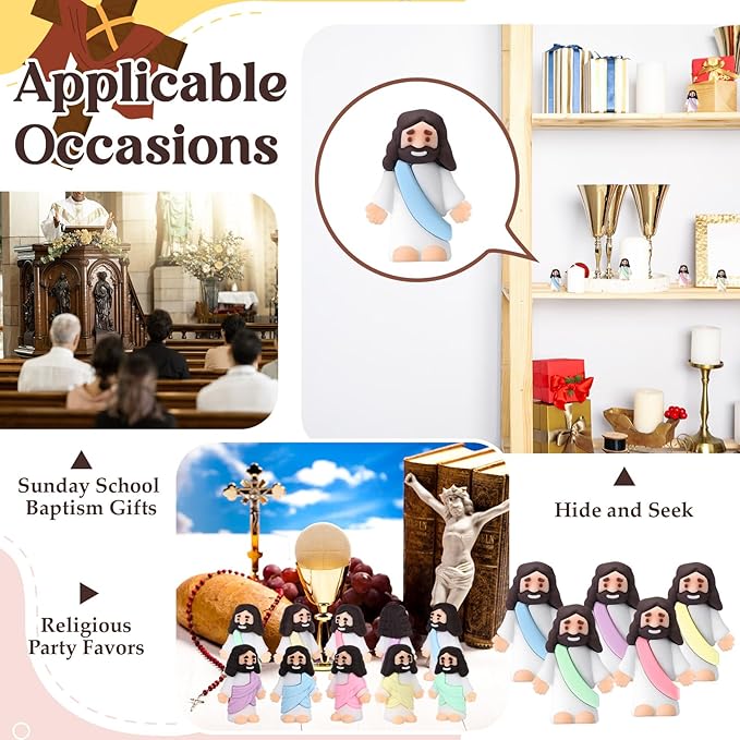 Bememo 300 Pcs Little Jesus Figures Bulk Original Design Mini Pocket Jesus Toys Rubber Figurine to Hide and Seek Religious Party Favors Sunday School Craft Baptism Gifts(Macaron Color)