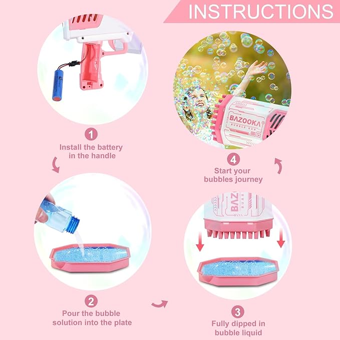 Bubble Gun, Bazooka Bubble Machine Gun, Bubble Blaster Gun with Bubble Solution, 69 Holes Bubble Bazooka Gun Outdoor Summer Toy Party Favors for Kids Pink Halloween Bubble Maker Blowers