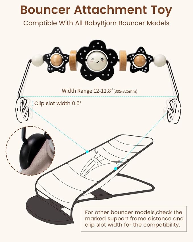 Baby Bouncer Toy Bar Wooden Compatible with Baby Bjorn Bouncer, Bouncer Toy Attachment Tight and Secure Fit, So Fun to Watch, Touch and Spin for Babies All Ages (Black and White Flower)