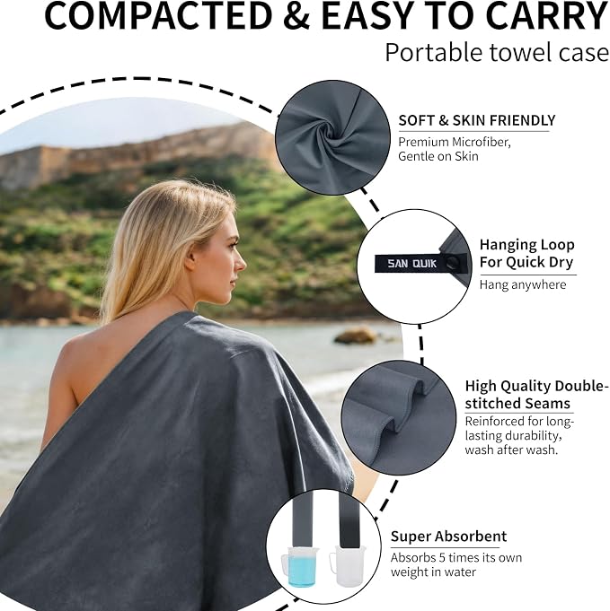 Quick Dry Camping Towel with EVA Case, Microfiber Travel Towel 3 Size at 1 Pack, Super Absorbent Lightweight Fast Drying Towel Set for Beach, Gym, Sports, Backpacking, Yoga & Swimming Pool, Dark Grey